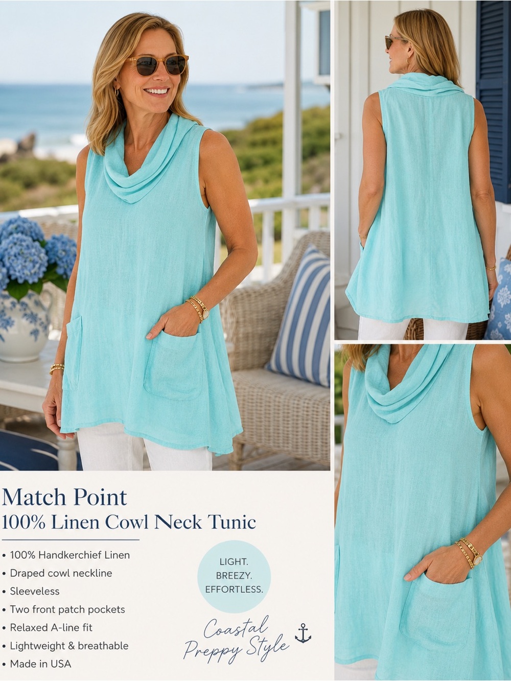 Match Point USA 100% Linen Aqua Cowl Neck Tunic Top Large Made in USA